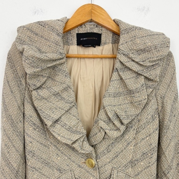 BCBGMaxazria Tan Tweed Wool Ruffle Lapel Neck Blazer Jacket Size Small - Picture 2 of 16